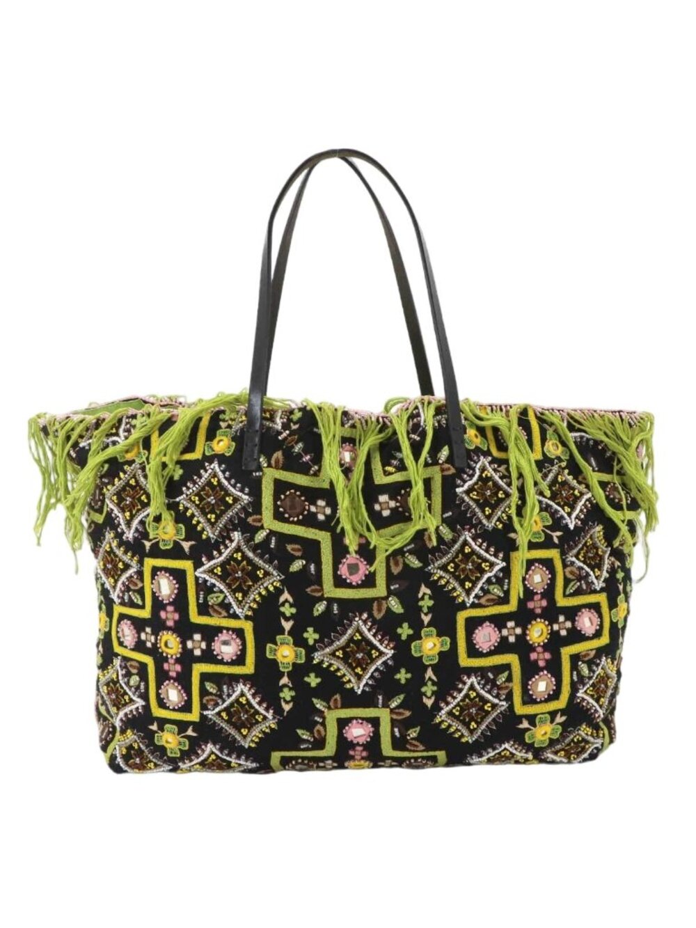 Fendi Beads Embroidery Tote Canvas Leather Multicolor Silver